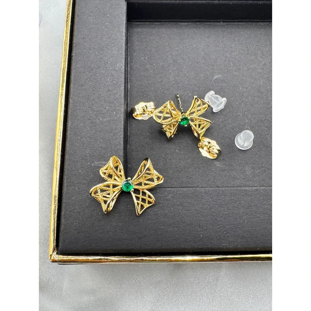 Gold Tone Lattice Bow Stud Earrings with Green Center Stone Coquette‎ Style